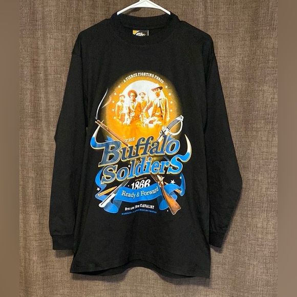 Vintage Y2K Buffalo Soldiers Double Sided Graphic Shirt Black men’s L NWT - Picture 1 of 7